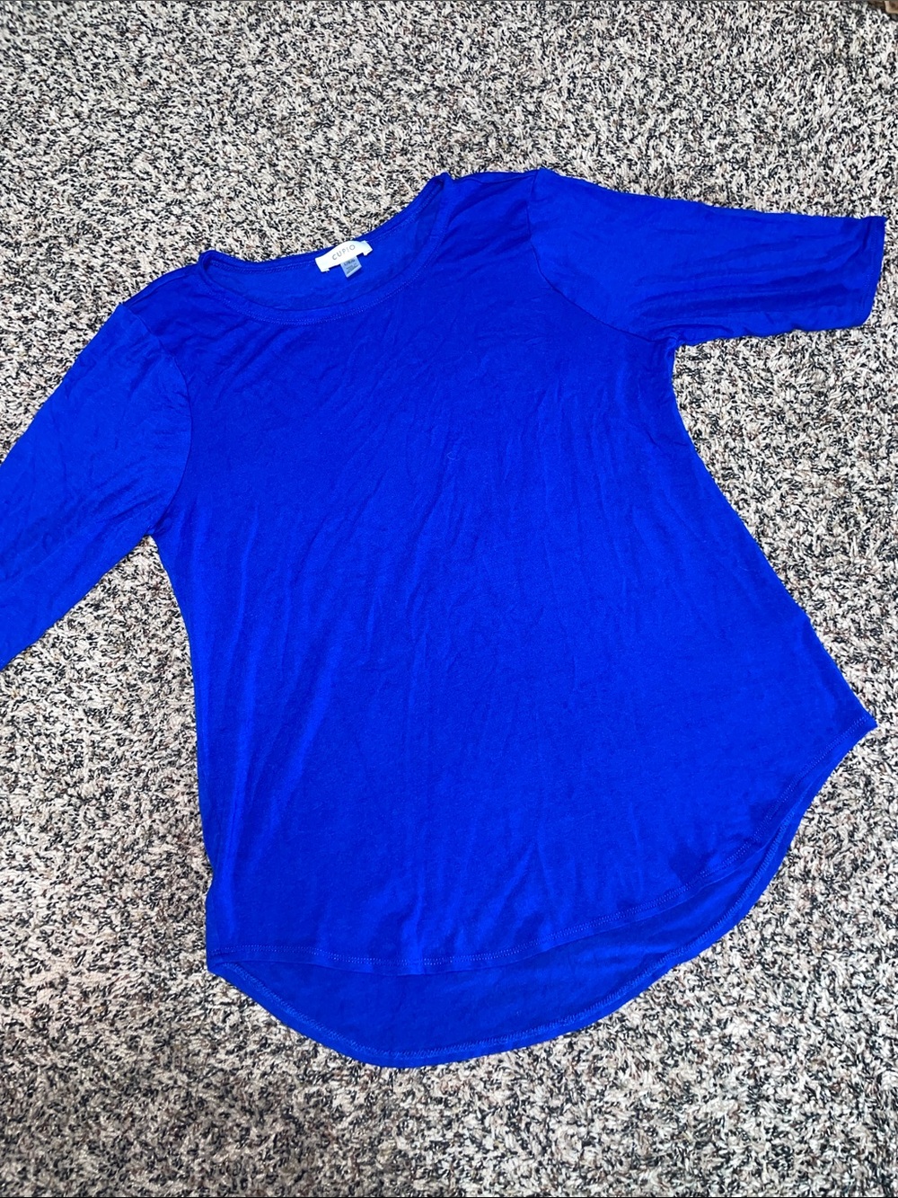 Cupio Royal Blue Elbow Sleeve Scoop Neck High Low Top Size L | NWOT